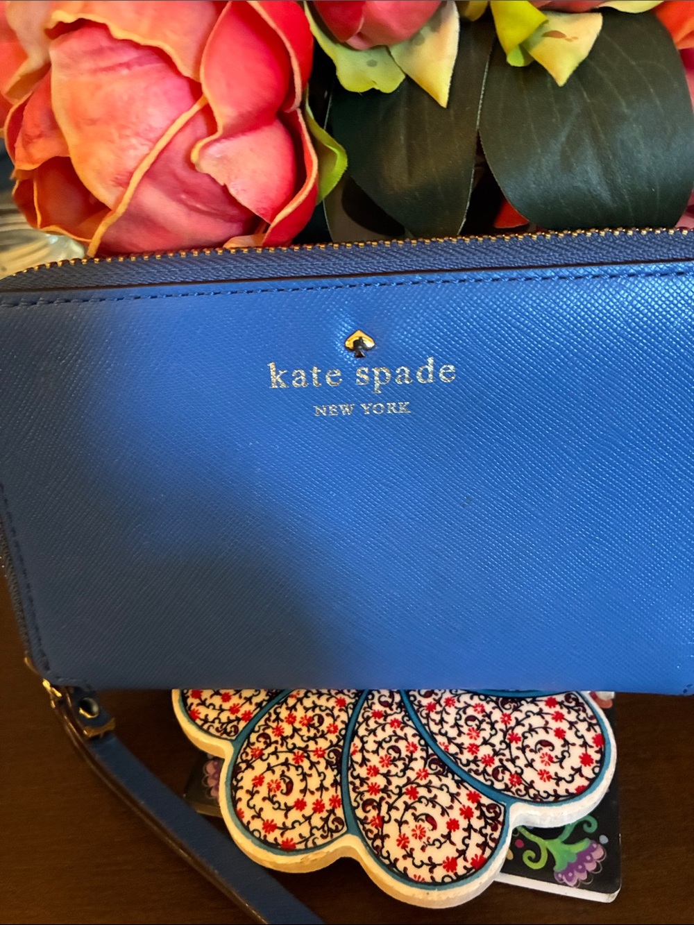 kate spade blue saffiano leather wristlet clutch